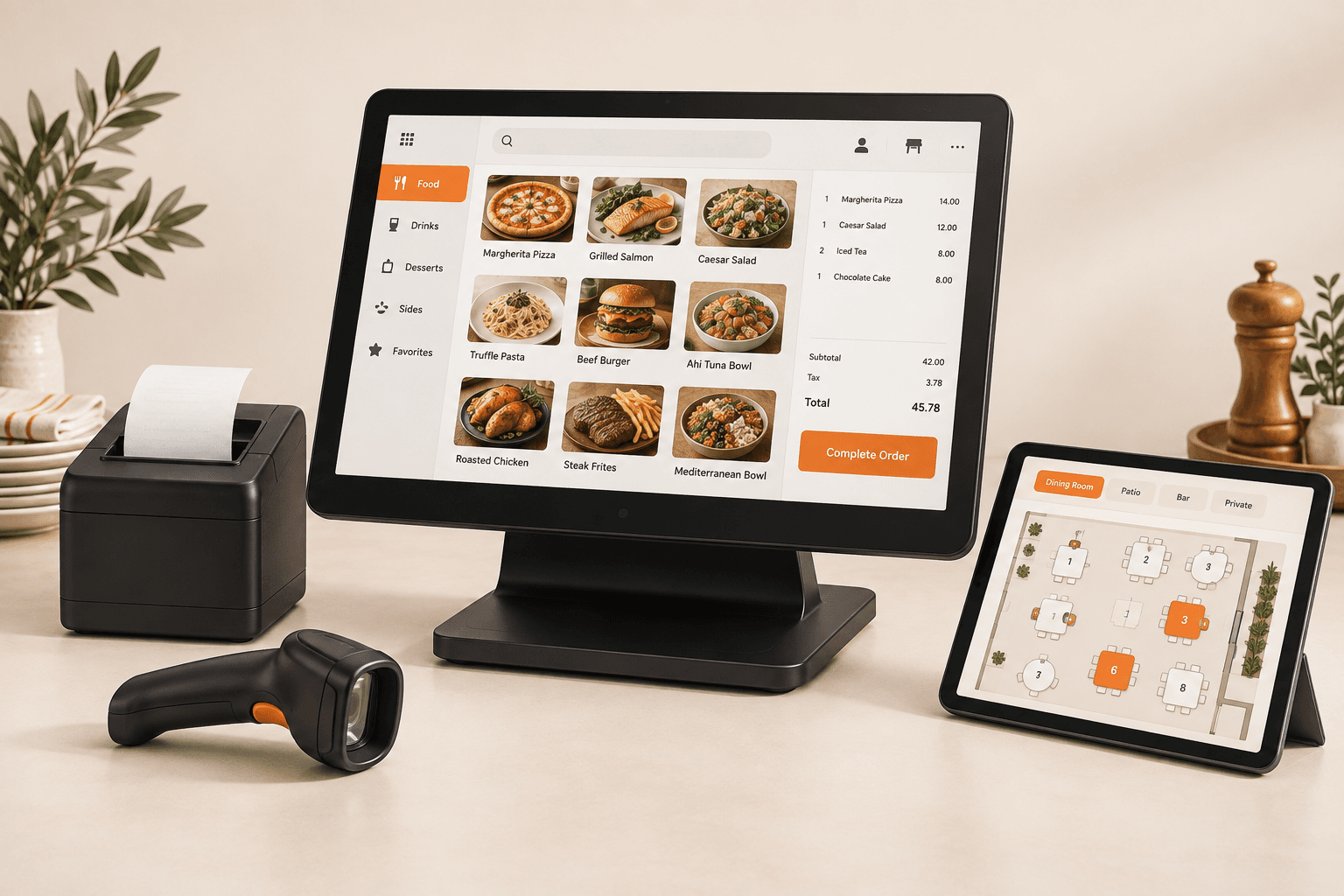 Illustrative POS terminal, tablet, scanner and receipt printer